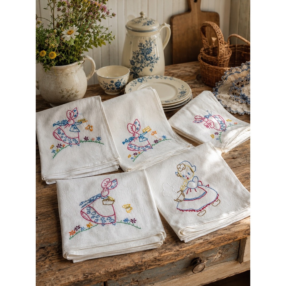 Vintage Embroidered Tea Towels Set of 5 Cottagecore Kitchen Linens